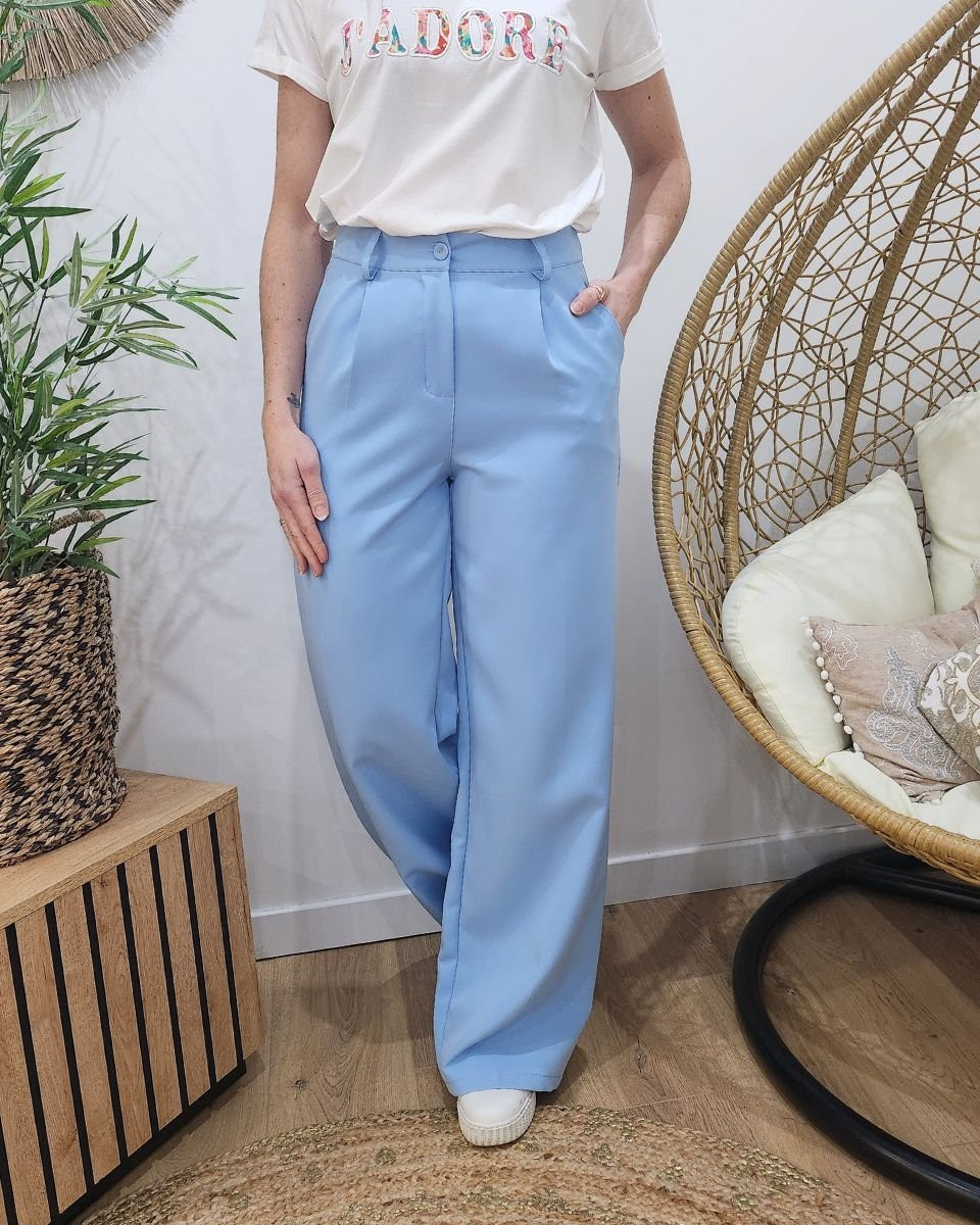 Pantalon femme fluide bleu ciel taille haute