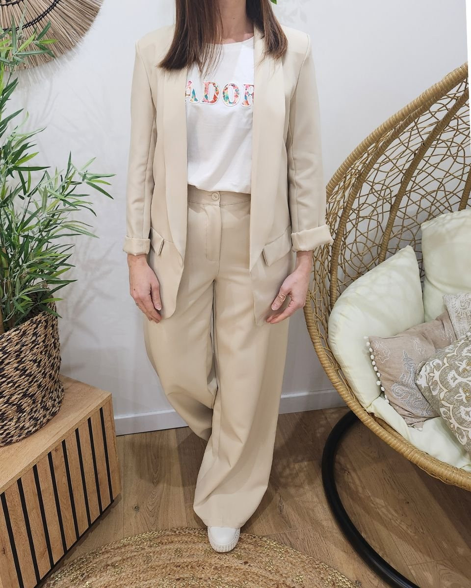 Pantalon femme fluide beige clair taille haute