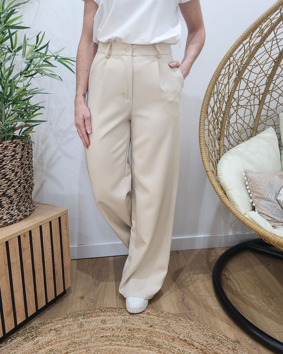 Pantalon femme fluide beige clair taille haute