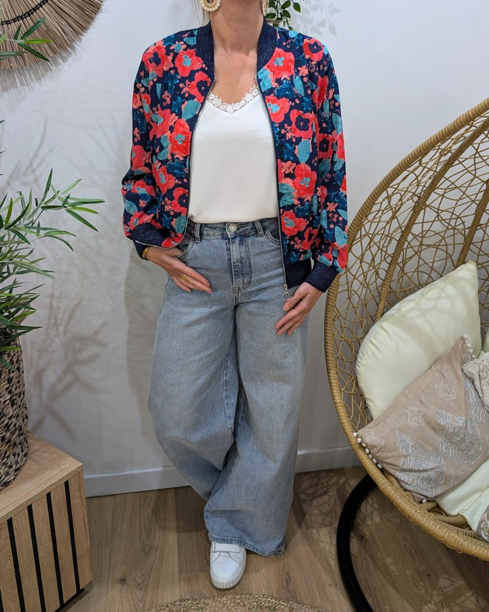 Bombers femme marine fleuri rose et bleu Taliah
