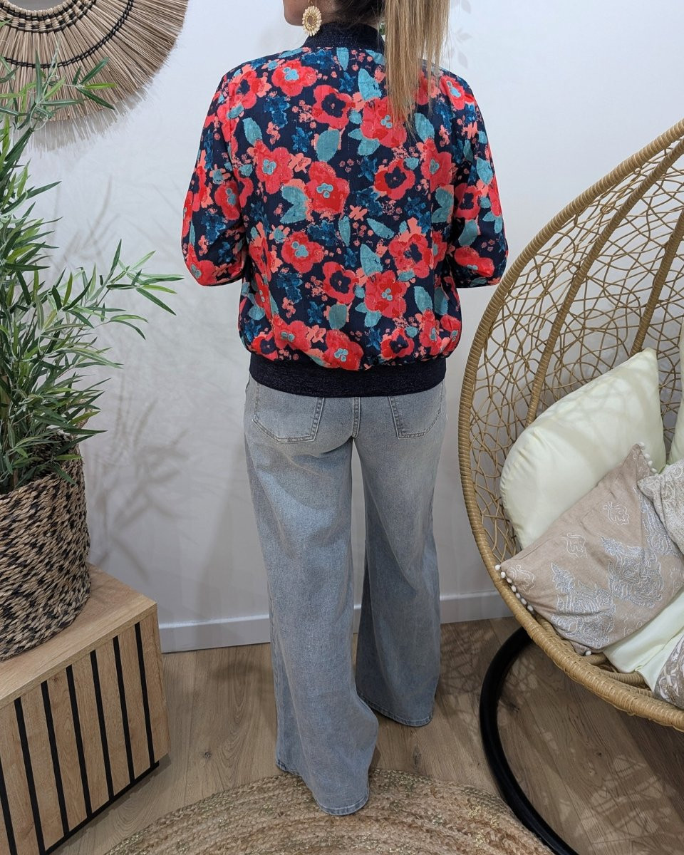Bombers femme marine fleuri rose et bleu Taliah