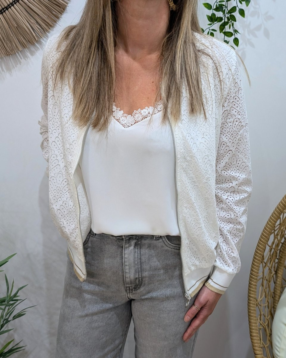 Bombers femme dentelle écru fermeture argentée