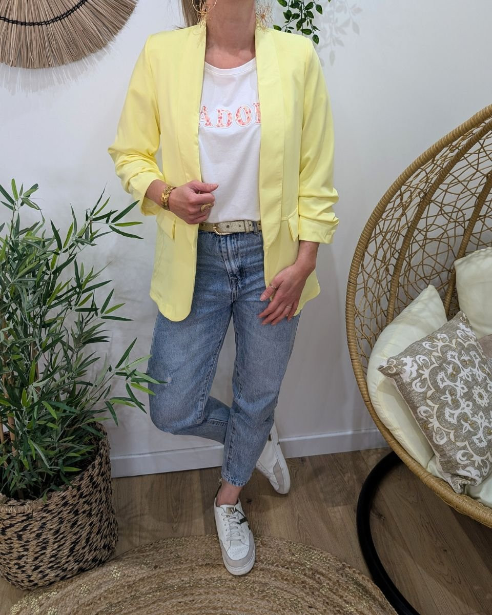 Blazer femme manches plissées jaune pâle