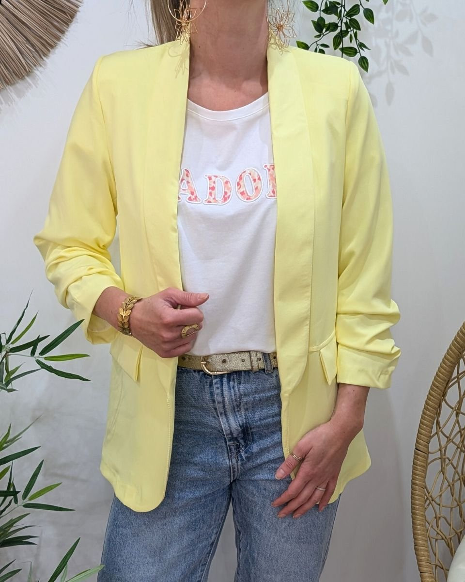 Blazer femme manches plissées jaune pâle
