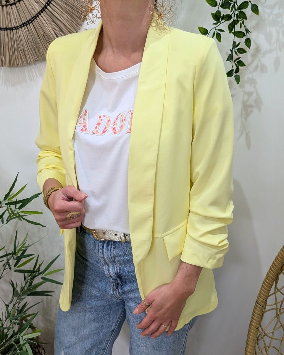 Blazer femme manches plissées jaune pâle