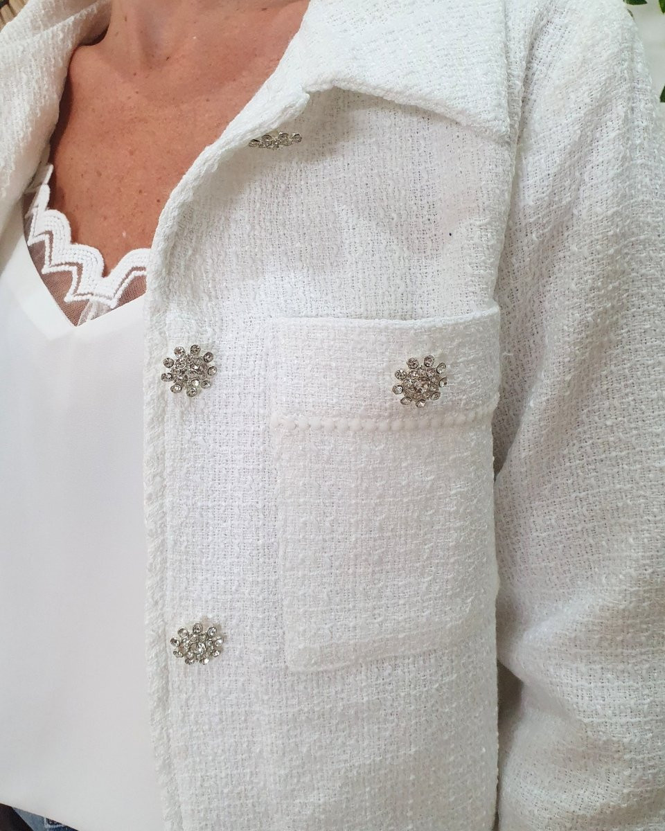 Veste femme courte blanche boutons strass