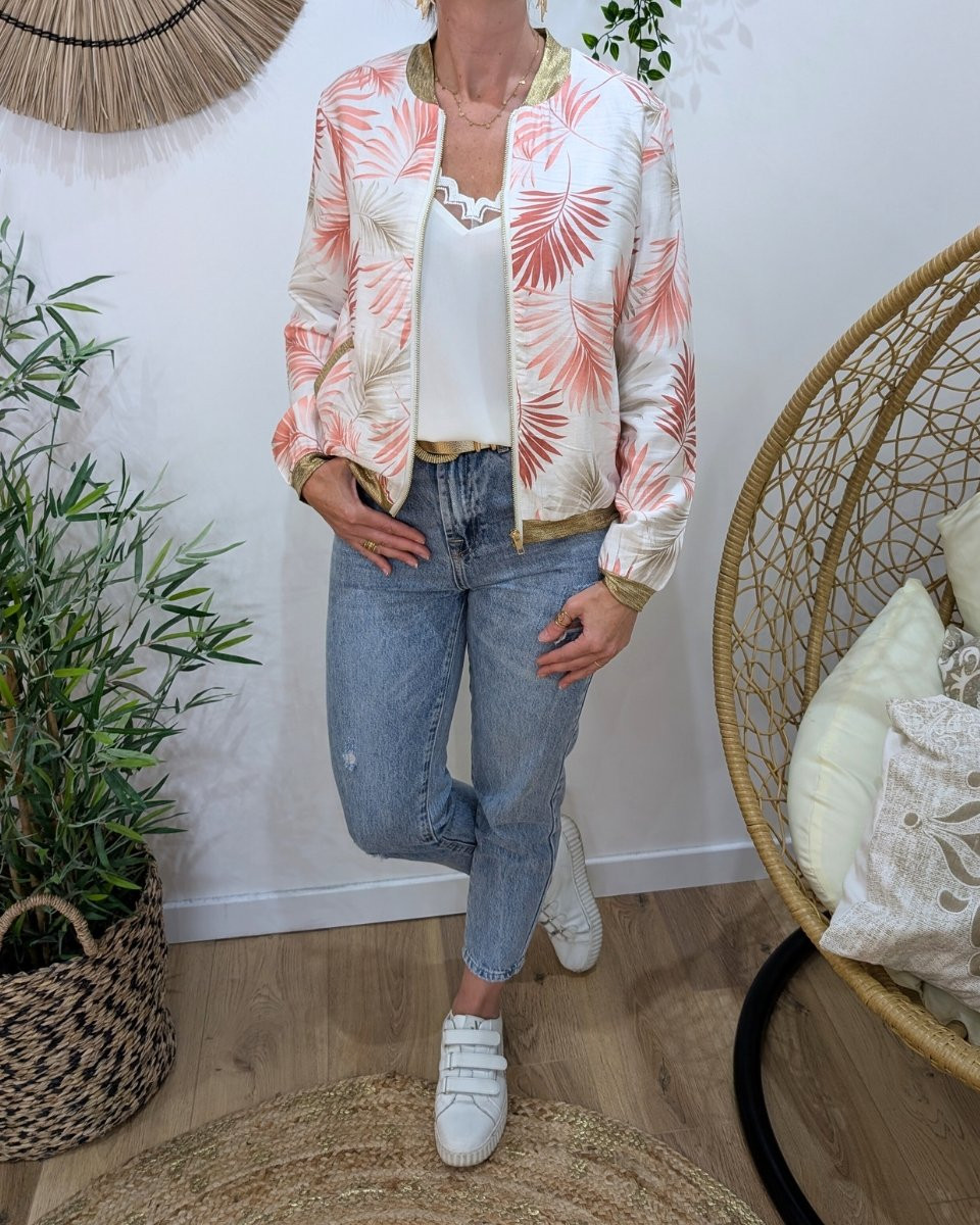 Bombers femme écru feuillages roses et taupes Ombelline
