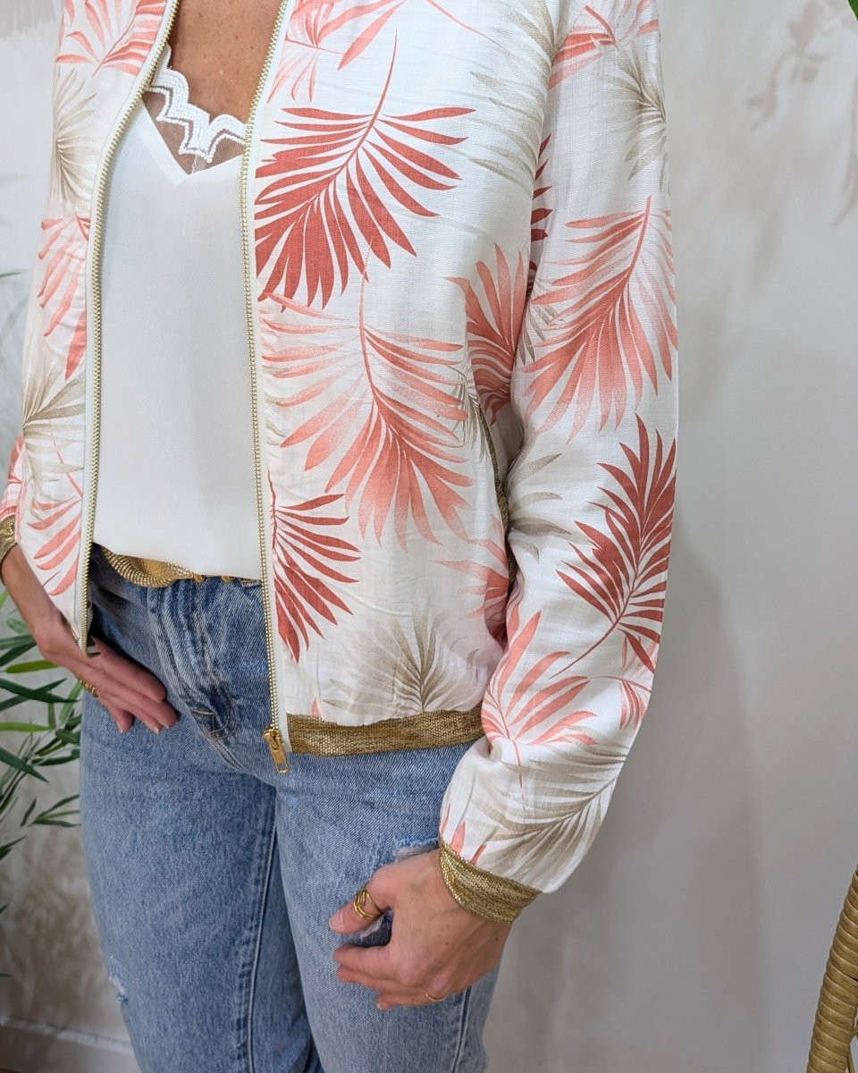 Bombers femme écru feuillages roses et taupes Ombelline