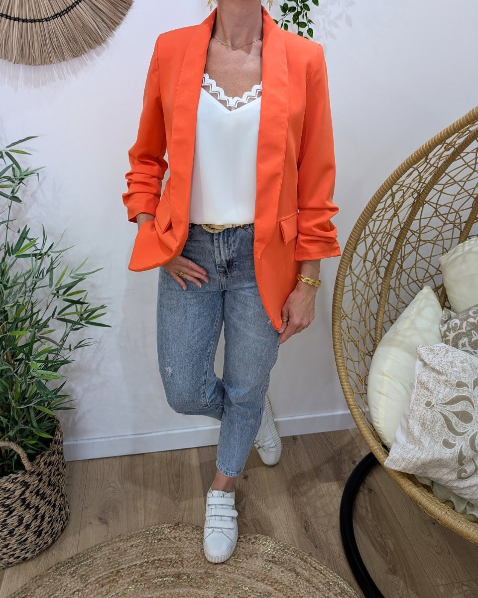 Blazer femme manches plissées orange corail