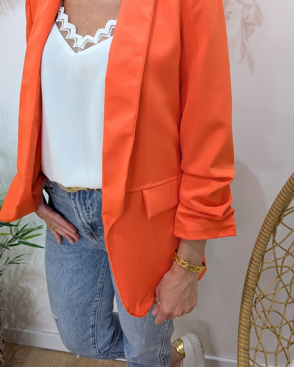 Blazer femme manches plissées orange corail