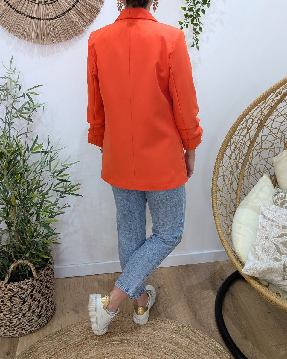 Blazer femme manches plissées orange corail