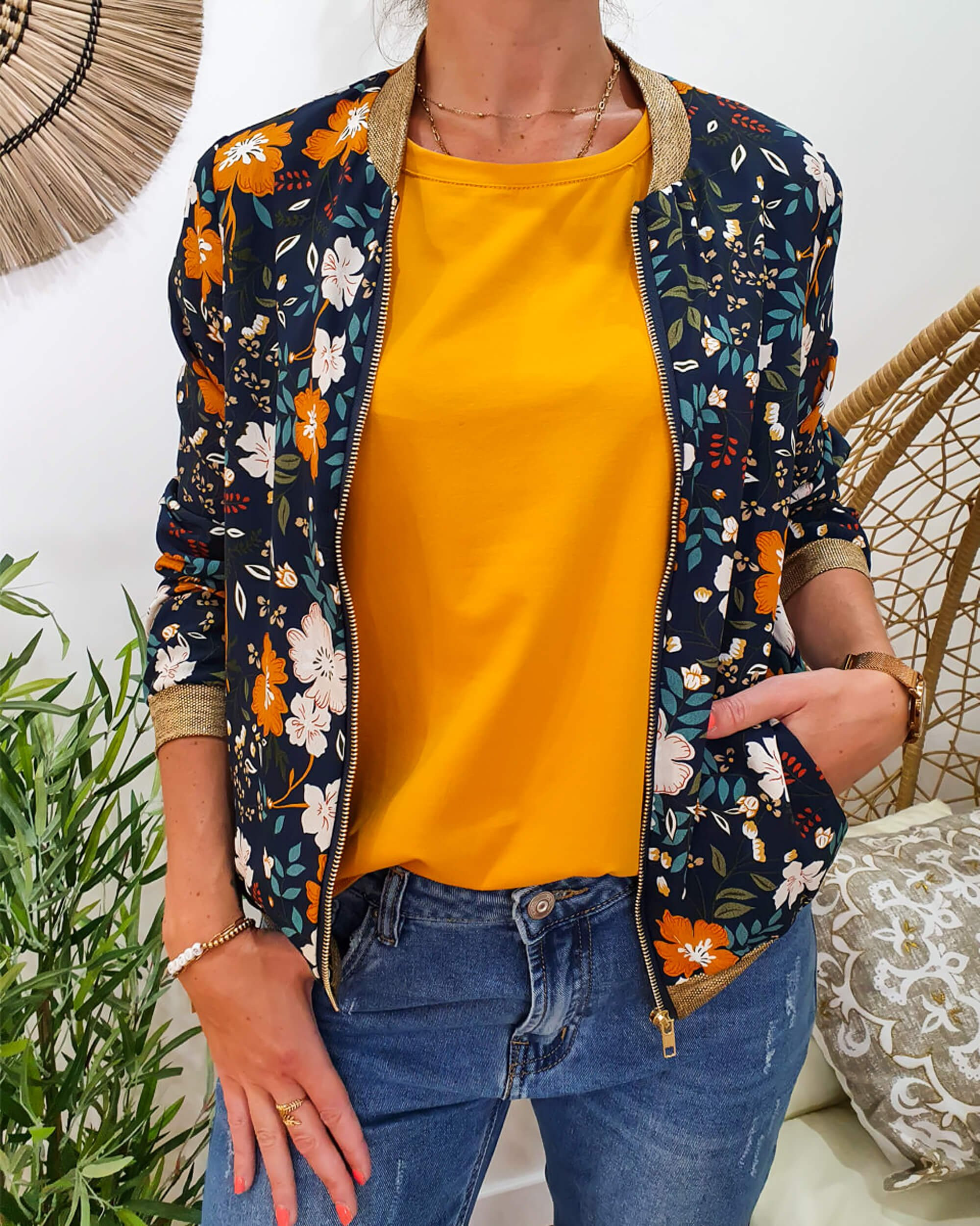 Bombers femme marine imprimé floral beige et moutarde