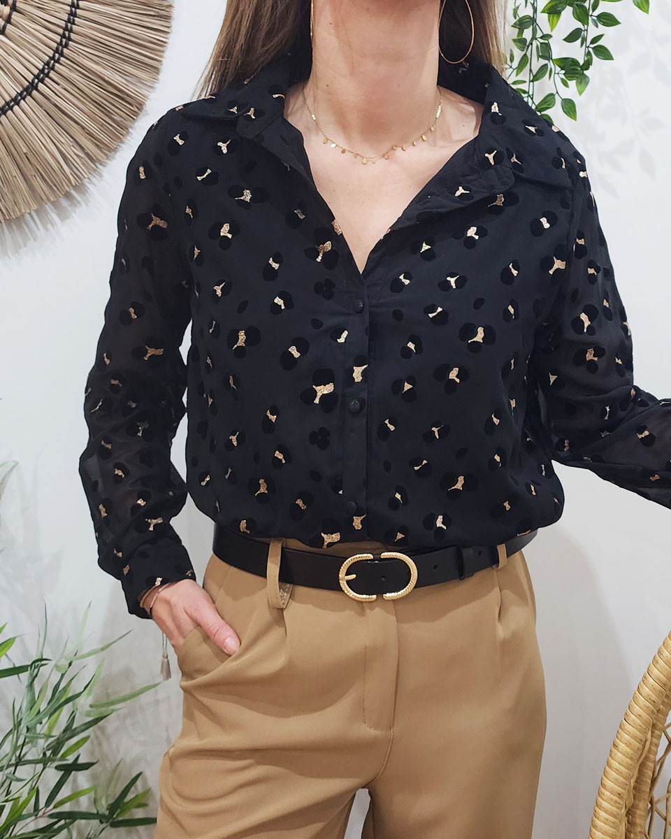 Chemisier femme noir motif leopard velours dore 20201