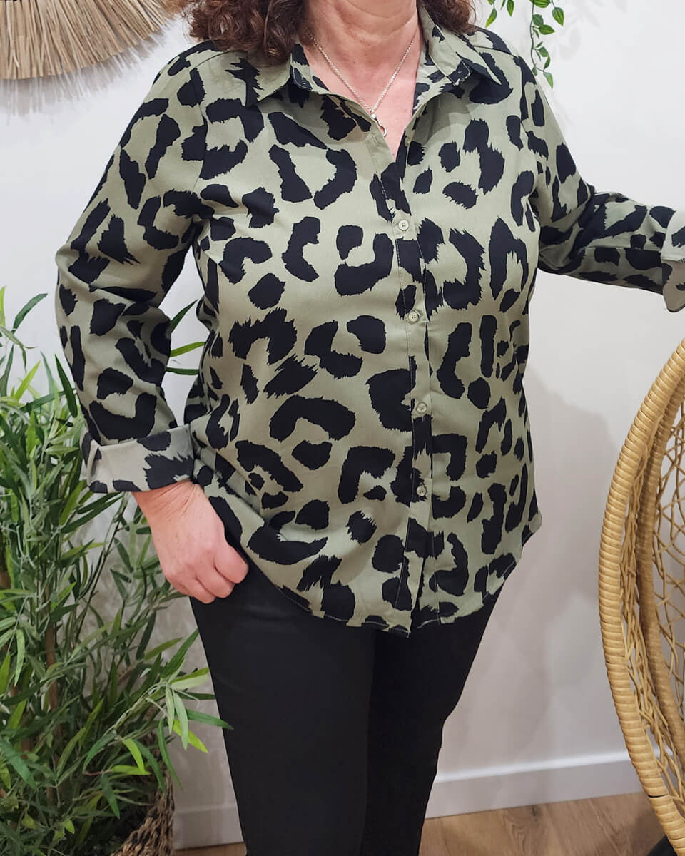 Chemisier grande taille femme kaki motif leopard noir 20401