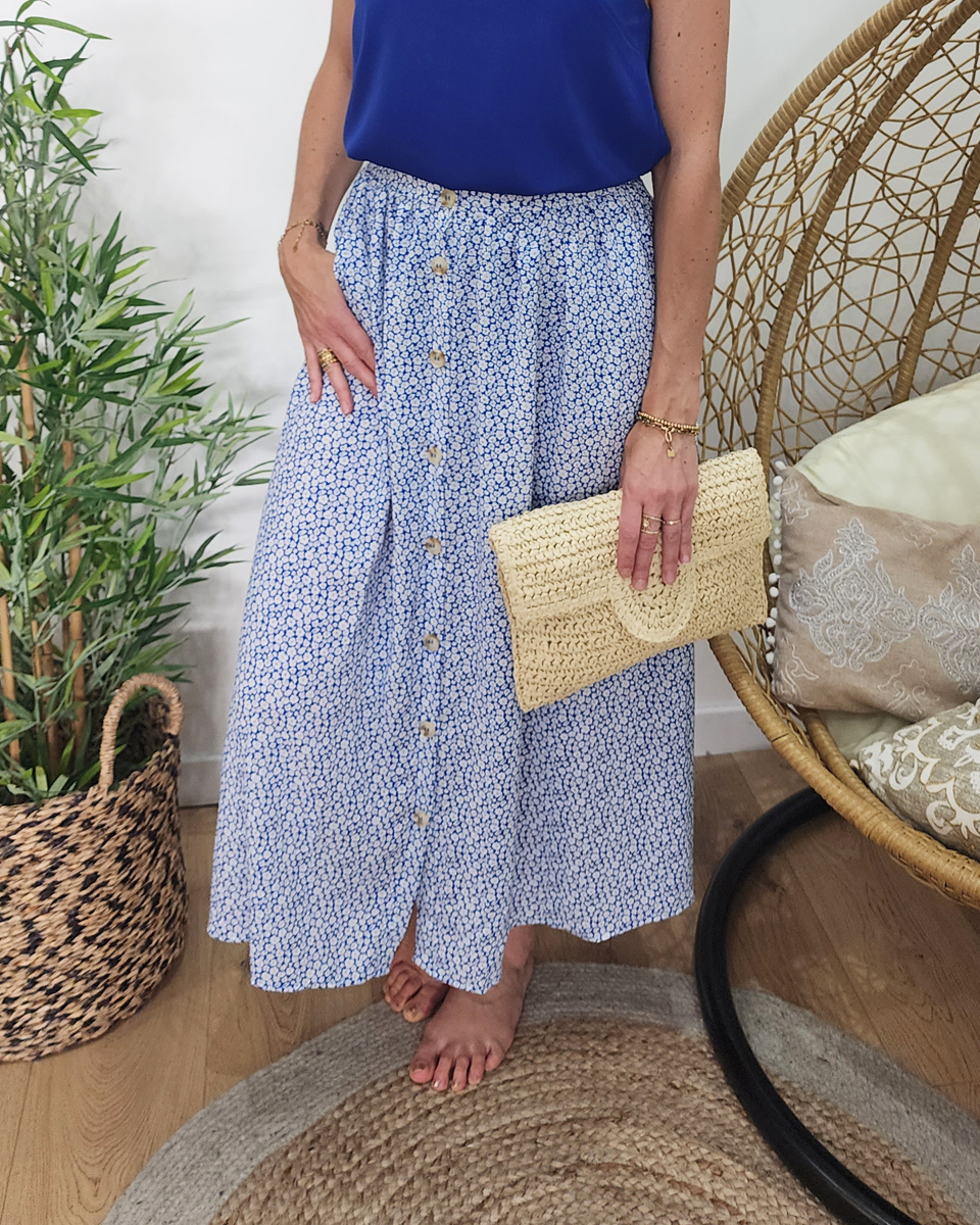 Jupe évasée Mi-longue Blanche à Fleurs - Taille 46, Marque 123, Neuve