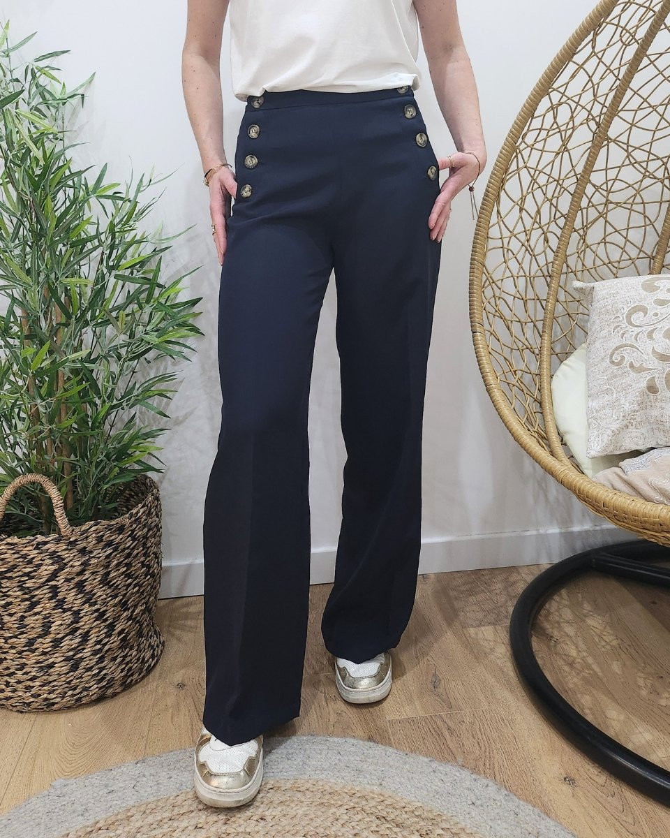 Pantalon femme bleu marine fluide taille haute boutonne Dina 25467