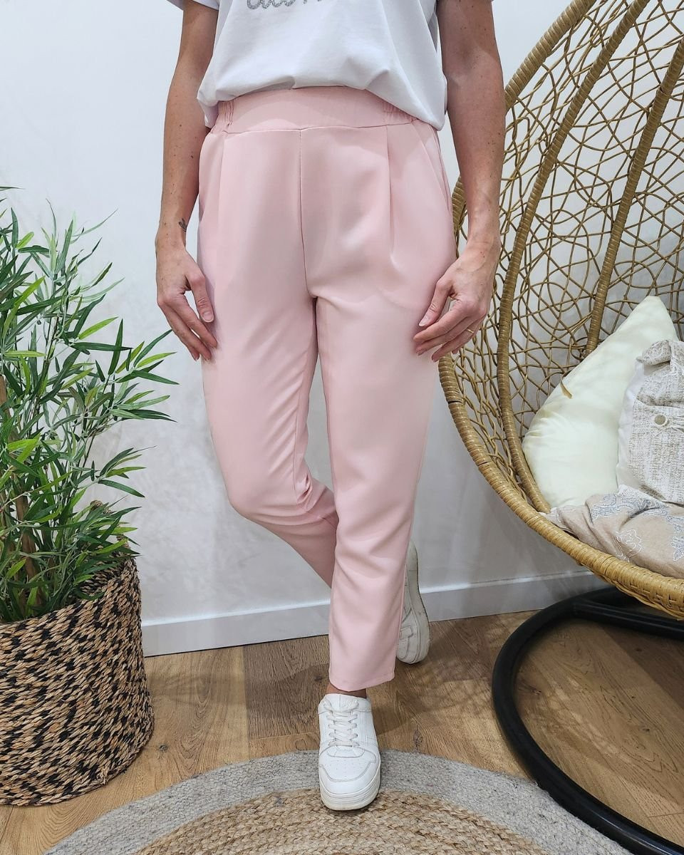 Pantalon tailleur femme fluide rose poudre 26045