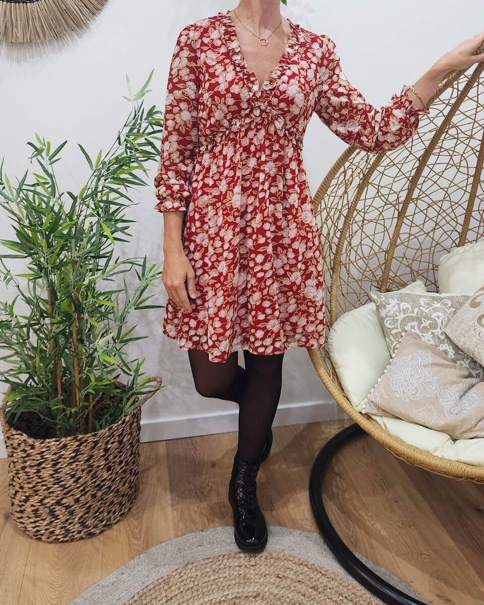 Robe rouge carmin imprime beige 17151