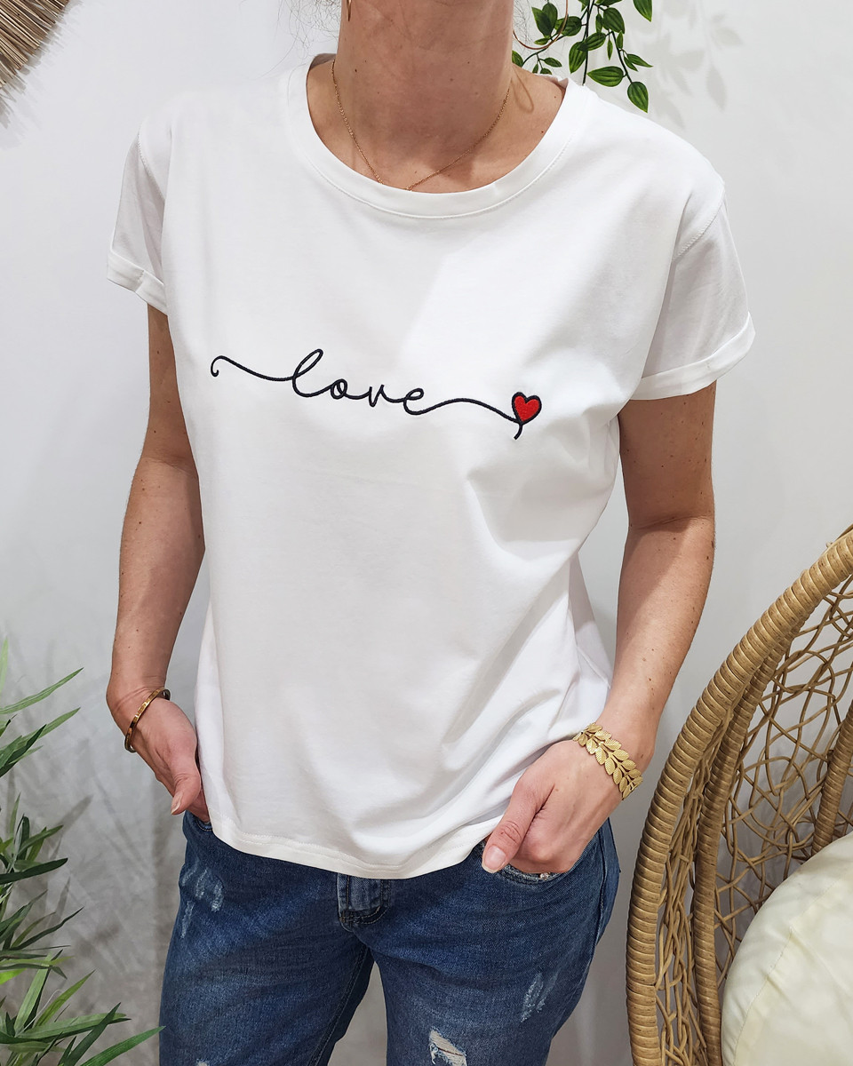 T shirt femme blanc love noir coeur rouge