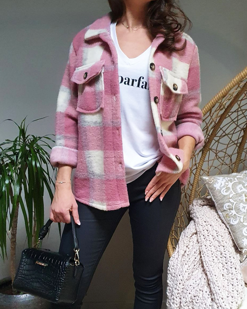Veste epaisse a carreaux rose grise et blanche 15421