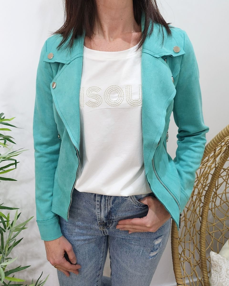 Blouson Perfecto Femme REDSKINS - Cuir De Chèvre Turquoise - Taille 38/40 - Neuf Sans étiquettes