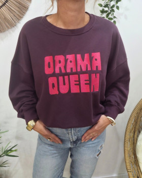 Sweat femme prune broderie DRAMA QUEEN fuchsia