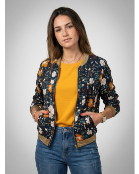 Bombers femme marine imprimé floral beige et moutarde mi-saison léger