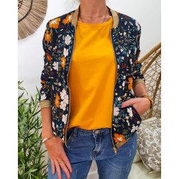 Bombers femme marine imprimé floral beige et moutarde