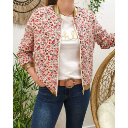 Bombers femme blanc petites fleurs rouges cerises et vertes
