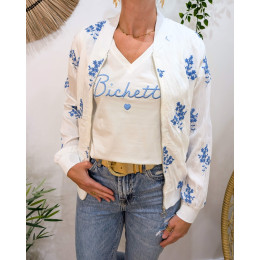 Bombers femme blanc fleurs brodées bleu