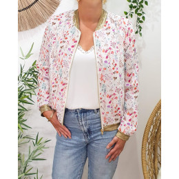 Bombers femme écru fleurs roses mauves vertes Mélinaé