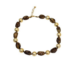 Collier femme acier inoxydable résine camel et billes dorées