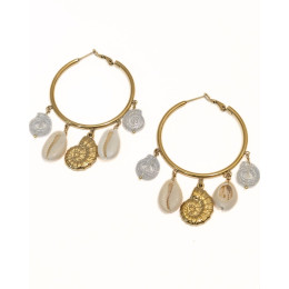 Boucles d'oreilles femme anneaux acier dorés coquillages