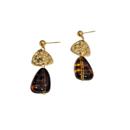 Boucles d'oreilles femme acier doré et marron Ligeia