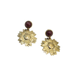 Boucles d'oreilles femme acier puce bordeaux et fleur dorée
