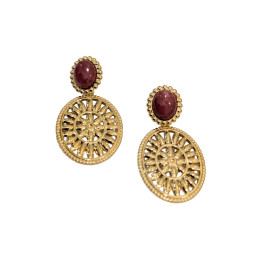 Boucles d'oreilles femme acier puce bordeaux ovale doré à motifs