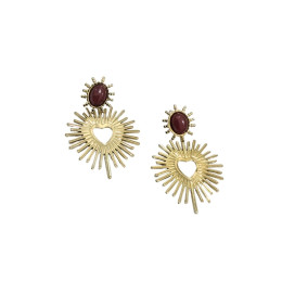 Boucles d'oreilles femme acier doré puce bordeaux coeur rayons