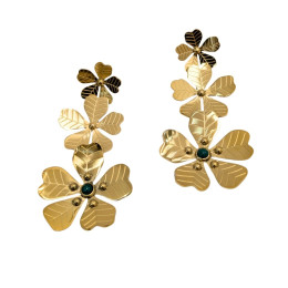Boucles d'oreilles femme acier doré fleurettes pierre verte