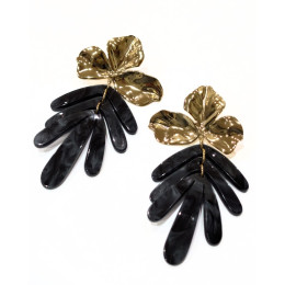 Boucles d'oreilles femme acier doré feuilles en résine noire