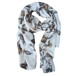 Echarpe femme beige fleurs marrons grises dorées