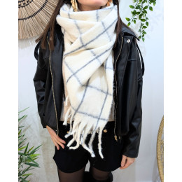 Echarpe beige à carreaux gris et franges