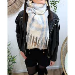 Echarpe beige à carreaux gris roses et franges