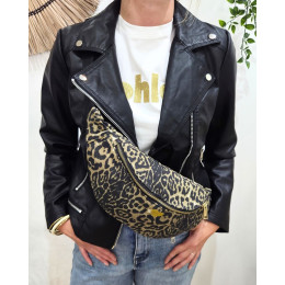 Sac banane femme léopard taupe et noir coeur brodé doré