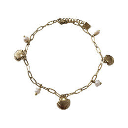 Chaine de cheville acier doré perles de nacre et coquillages