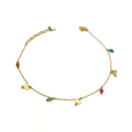 Chaine de cheville acier doré coquillages et perles multicolores
