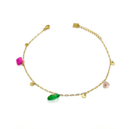 Chaine de cheville acier doré ronds ciselés et perles multicolores