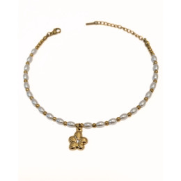 Chaine de cheville acier doré perles nacrées et pendentif fleur