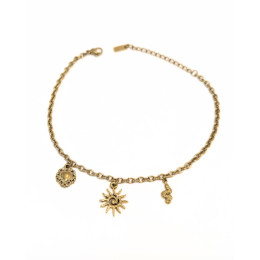 Chaine de cheville acier doré pendentifs soleil coeur et serpent