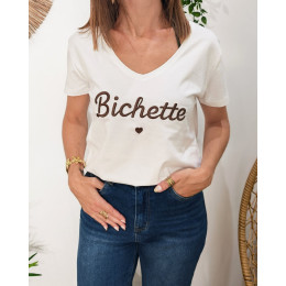 T-Shirt femme blanc broderie bichette marron