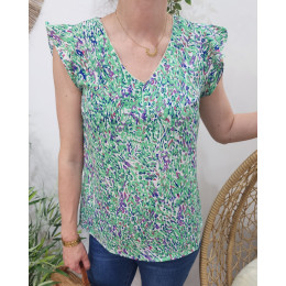 Blouse femme violet et vert liseré argent